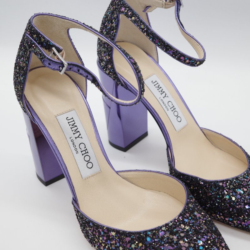 Jimmy Choo Micky 85 星空藍 亮片高跟鞋 銀色 亮粉粗格紋 皮革 高跟 尖頭鞋-3