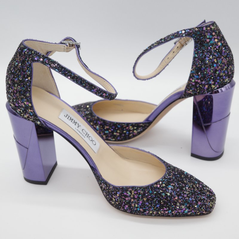 Jimmy Choo Micky 85 星空藍 亮片高跟鞋 銀色 亮粉粗格紋 皮革 高跟 尖頭鞋-4