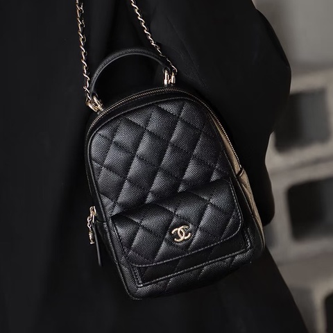 絕美千金包😍限量99新🆕Chanel黑淺金荔枝牛皮mini小書包後背包雙肩包