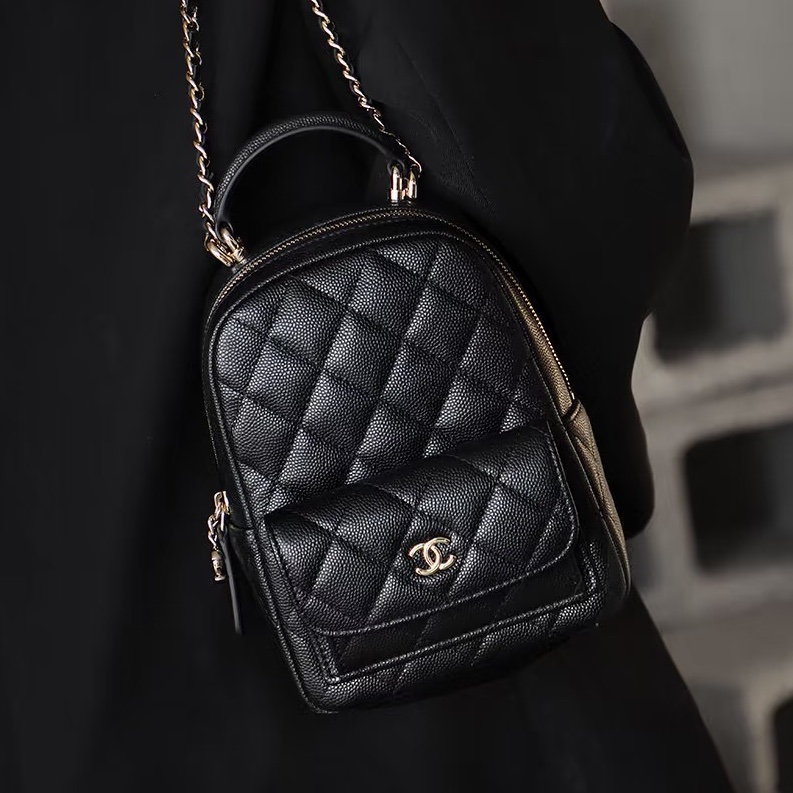絕美千金包😍限量99新🆕Chanel黑淺金荔枝牛皮mini小書包後背包雙肩包-0
