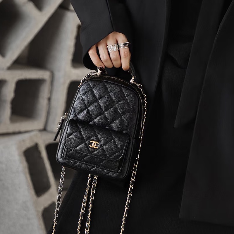 絕美千金包😍限量99新🆕Chanel黑淺金荔枝牛皮mini小書包後背包雙肩包-1