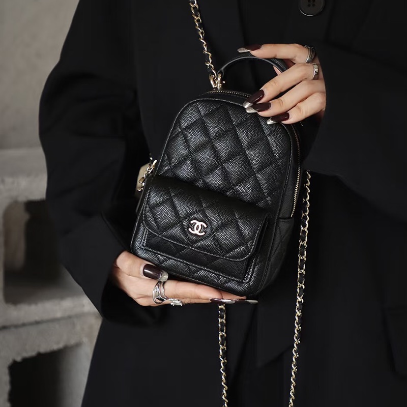 絕美千金包😍限量99新🆕Chanel黑淺金荔枝牛皮mini小書包後背包雙肩包-3