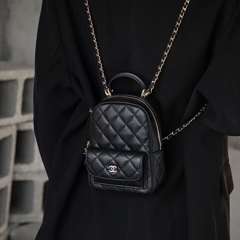 絕美千金包😍限量99新🆕Chanel黑淺金荔枝牛皮mini小書包後背包雙肩包-4