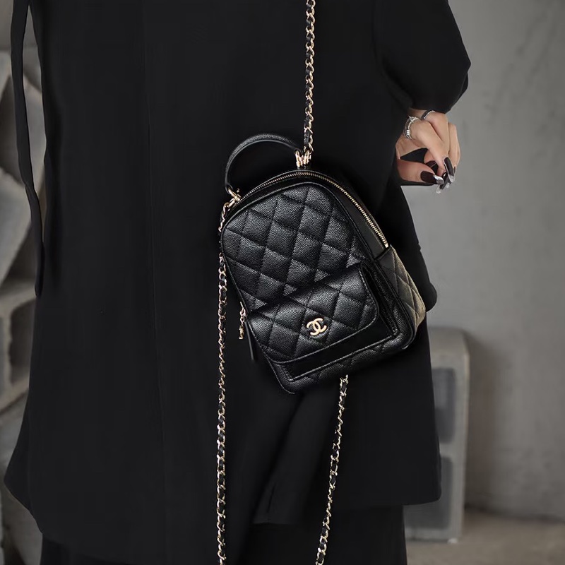 絕美千金包😍限量99新🆕Chanel黑淺金荔枝牛皮mini小書包後背包雙肩包-7