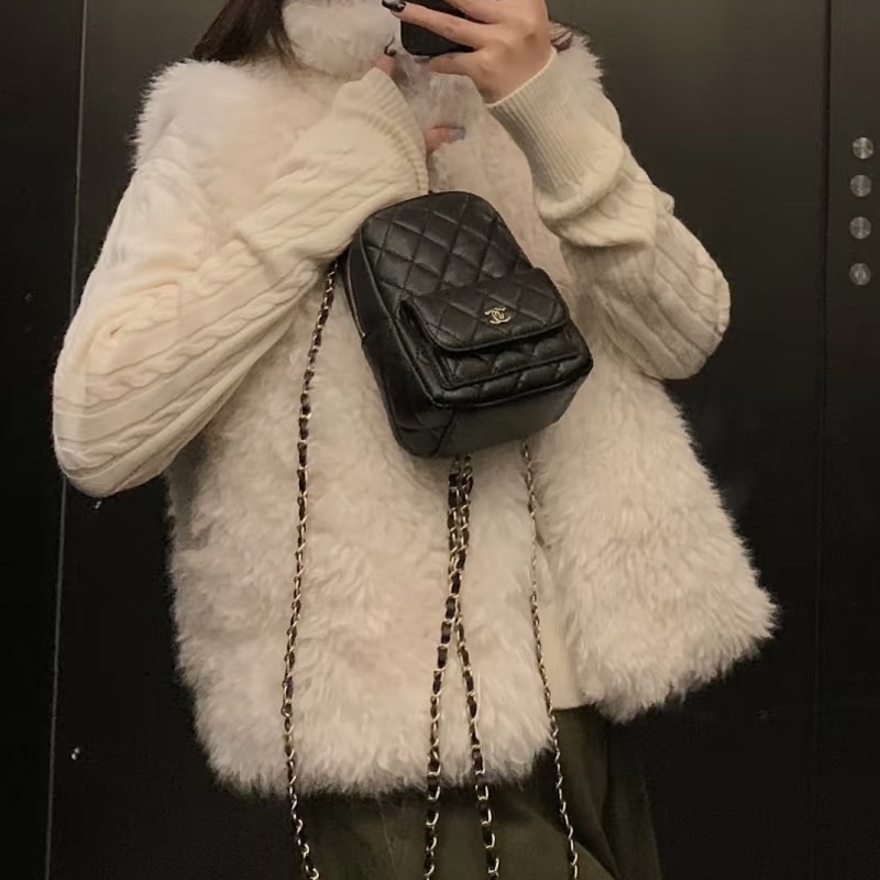 絕美千金包😍限量99新🆕Chanel黑淺金荔枝牛皮mini小書包後背包雙肩包-9