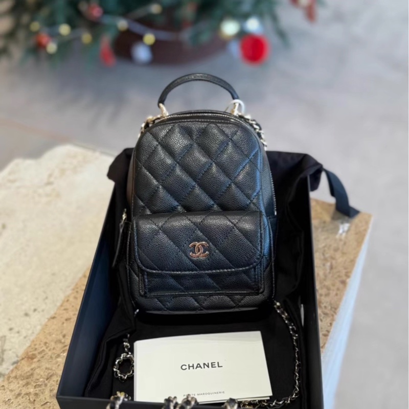 絕美千金包😍限量99新🆕Chanel黑淺金荔枝牛皮mini小書包後背包雙肩包-10
