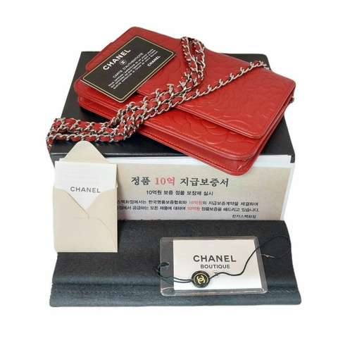 CHANEL 香奈兒 15 系列紅色羊皮鏈山茶花手拿包/斜背包