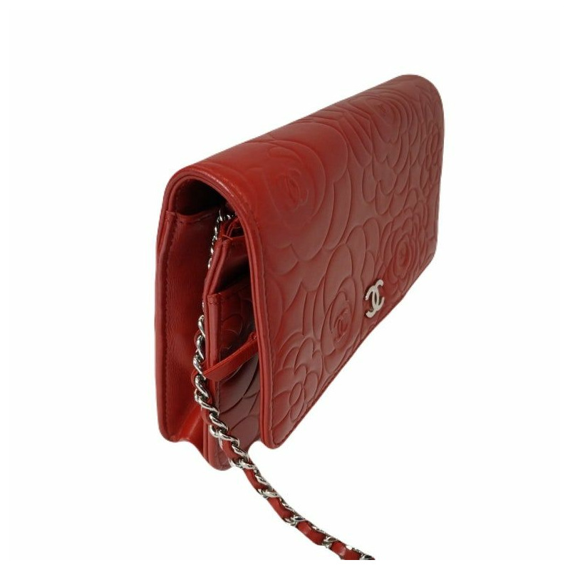 【包稅】CHANEL 香奈兒 15 系列紅色羊皮鏈山茶花手拿包/斜背包-5