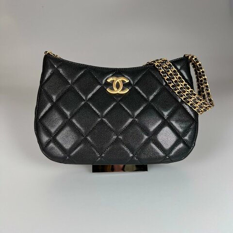 全新品 CHANEL AS4612 黑荔枝金釦單肩HOBO包