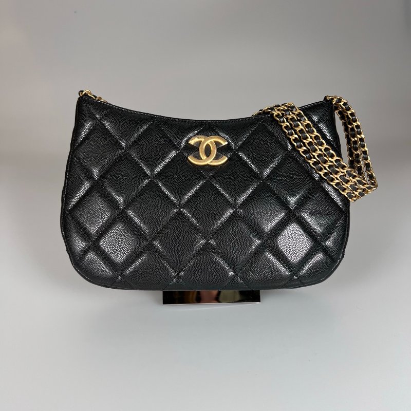 全新品 CHANEL AS4612 黑荔枝金釦單肩HOBO包-0