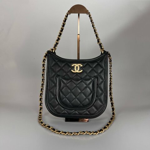 全新品 CHANEL AS4532 黑牛皮金釦菱格紋HOBO腋下包