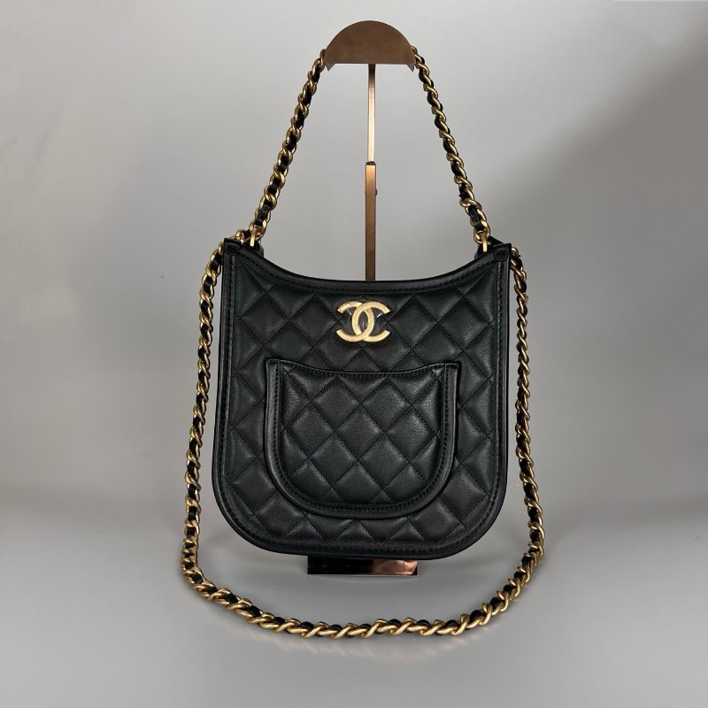 全新品 CHANEL AS4532 黑牛皮金釦菱格紋HOBO腋下包-0