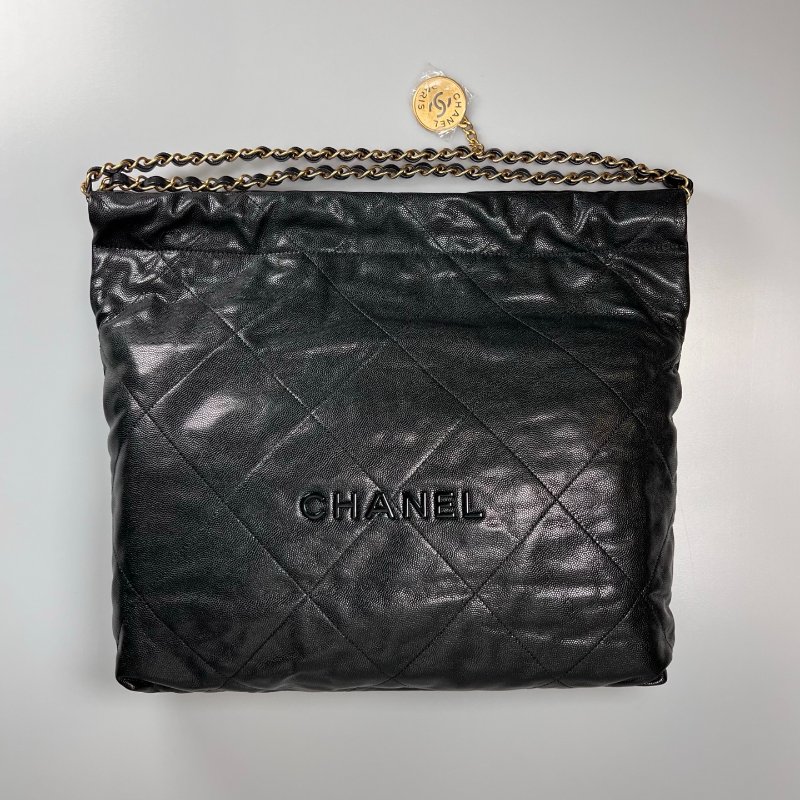 全新品 CHANEL AS3261 黑亮面荔枝皮黑扣金鍊 22BAG 中號-0
