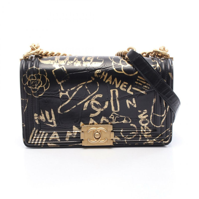 香奈兒 Boy Chanel Graffiti 鏈條肩背包 A67086 黑色皮革 二手 GHW CC-0