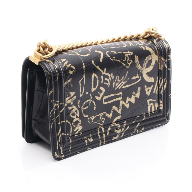 香奈兒 Boy Chanel Graffiti 鏈條肩背包 A67086 黑色皮革 二手 GHW CC-1