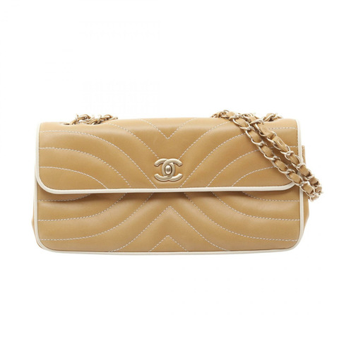 香奈兒 (CHANEL) 波浪紋 COCO 標誌鏈單背包，米色皮革，二手，女士，金色五金