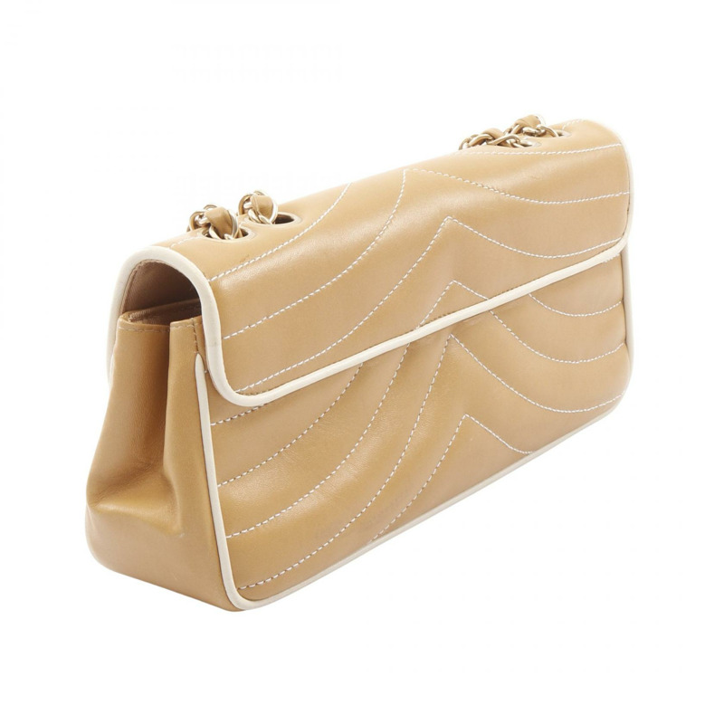 香奈兒 (CHANEL) 波浪紋 COCO 標誌鏈單背包,米色皮革,二手,女士,金色五金-1