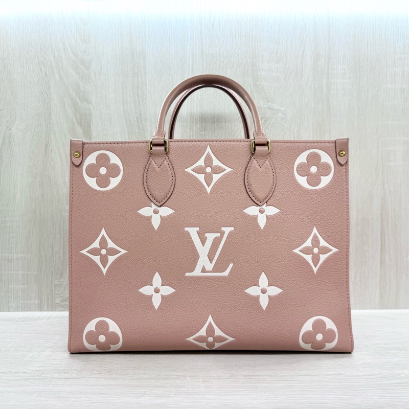 LV粉拚米雙色牛皮on the go MM手提側背包M45982-0