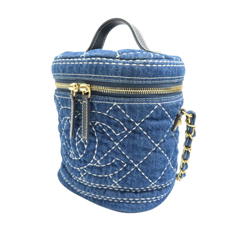 深藍色 丹寧布 vanity bag 鍊帶 化妝包 肩背包【CHANEL 香奈兒】 AS1336-2