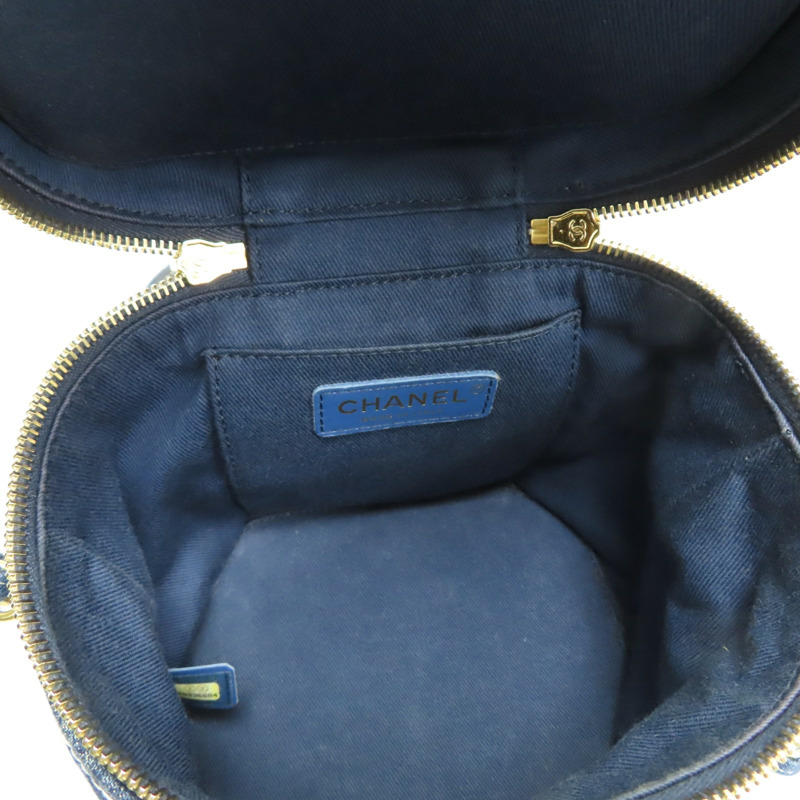 深藍色 丹寧布 vanity bag 鍊帶 化妝包 肩背包【CHANEL 香奈兒】 AS1336-4