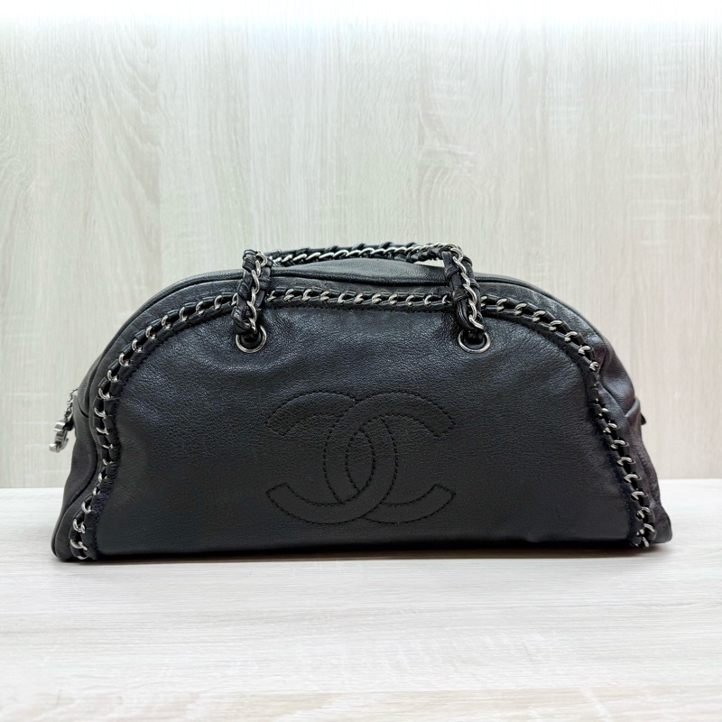 Chanel黑牛皮vintage 保齡球皮穿鏈包-0