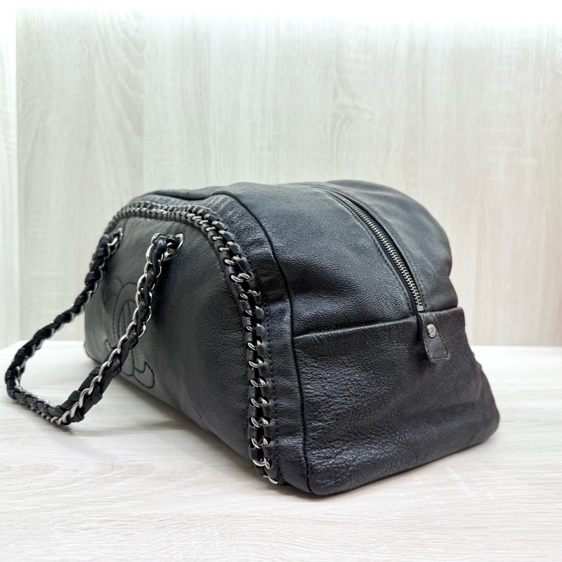 Chanel黑牛皮vintage 保齡球皮穿鏈包-2