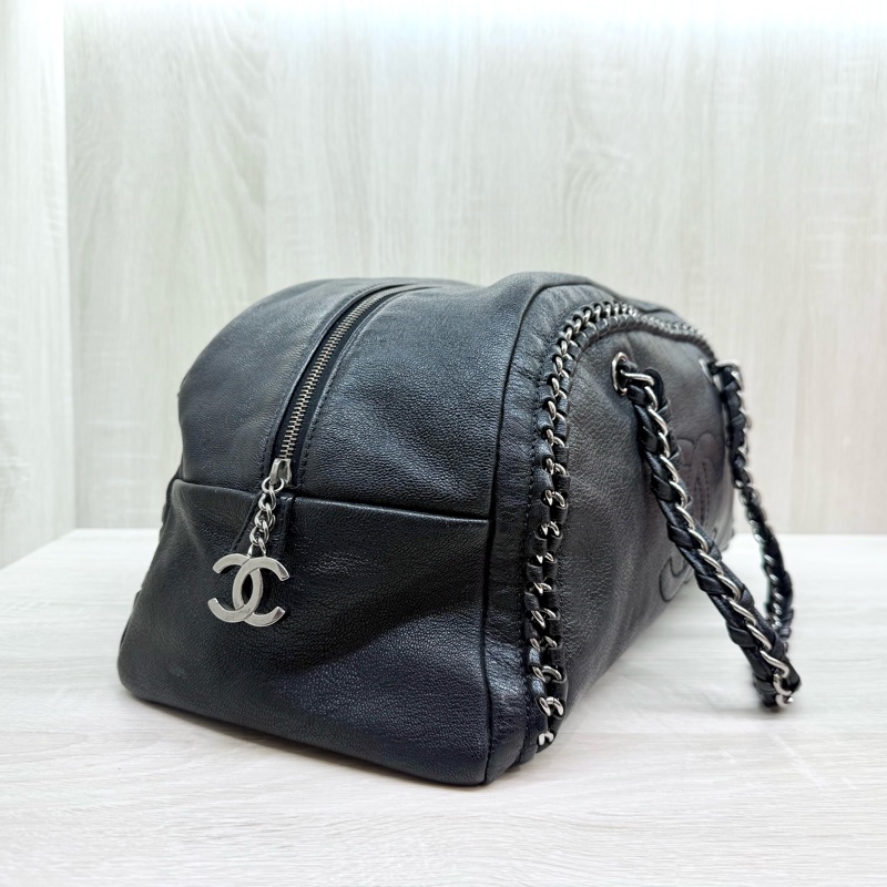 Chanel黑牛皮vintage 保齡球皮穿鏈包-3