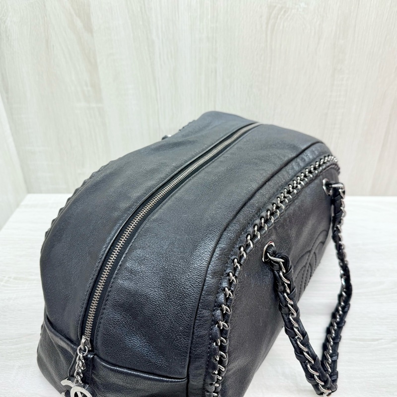 Chanel黑牛皮vintage 保齡球皮穿鏈包-4