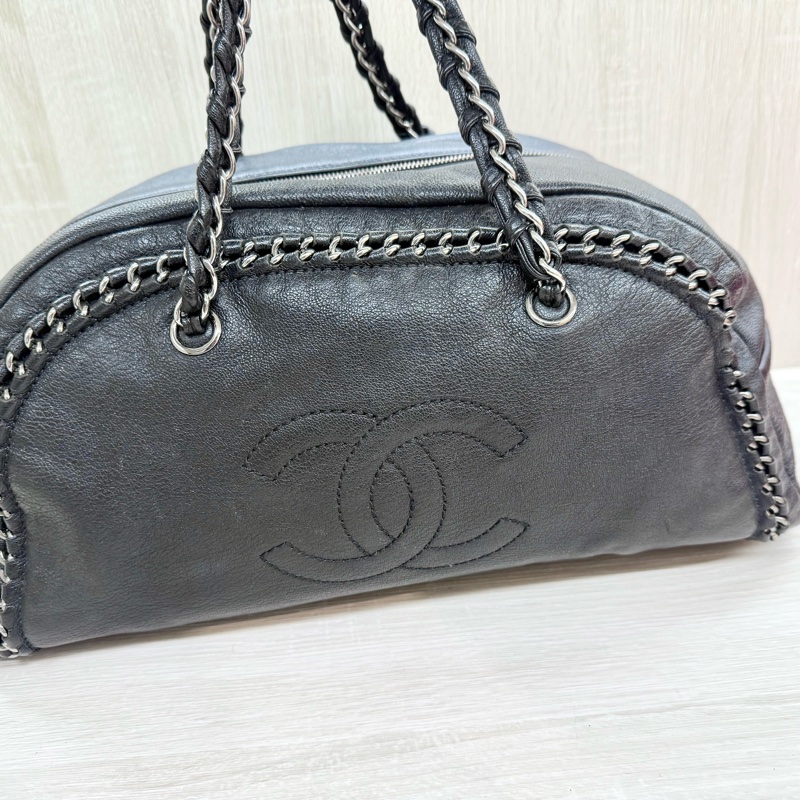 Chanel黑牛皮vintage 保齡球皮穿鏈包-5