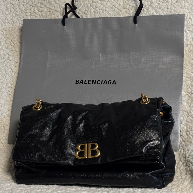 巴黎世家/Balenciaga MONACO系列 黑金鏈義大利牛皮單肩包-6