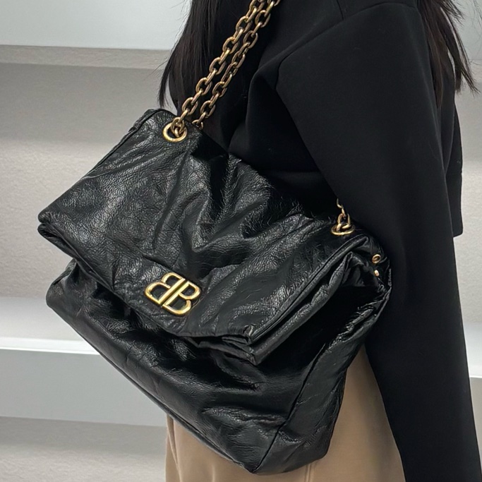 巴黎世家/Balenciaga MONACO系列 黑金鏈義大利牛皮單肩包-5