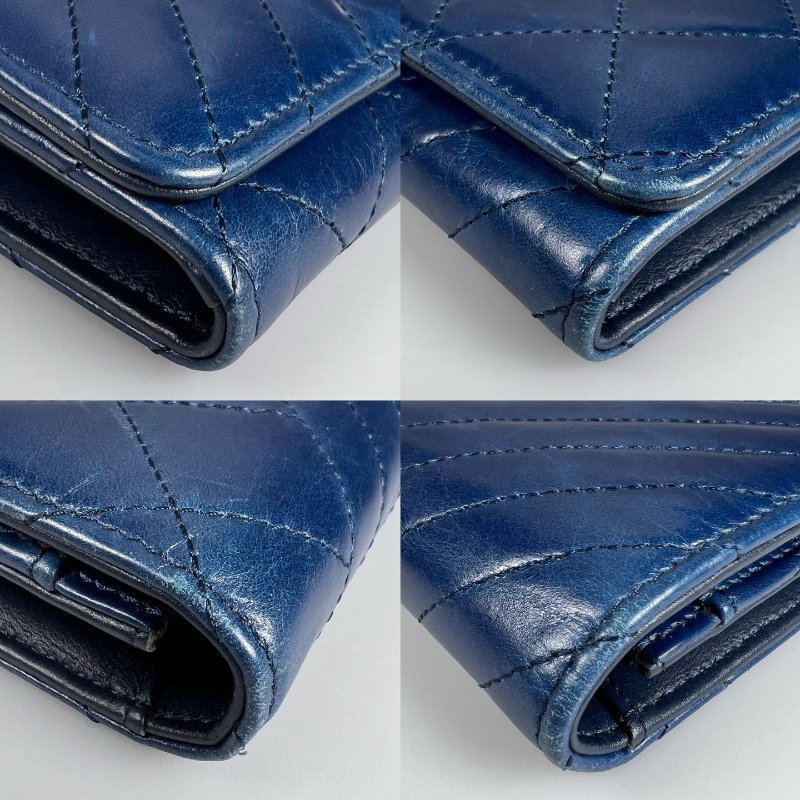 CHANEL 菱格紋拚山型紋翻蓋中夾 藍色銀扣 20開-14