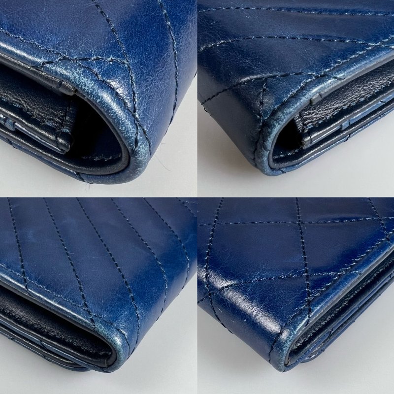 CHANEL 菱格紋拚山型紋翻蓋中夾 藍色銀扣 20開-15