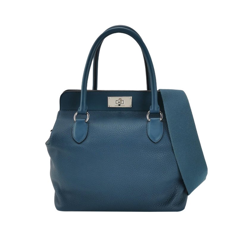 Hermes Toolbox26寬肩帶旋扣牛奶盒單肩包Clemence(TC)牛皮銀扣1P鴨子藍T刻-0