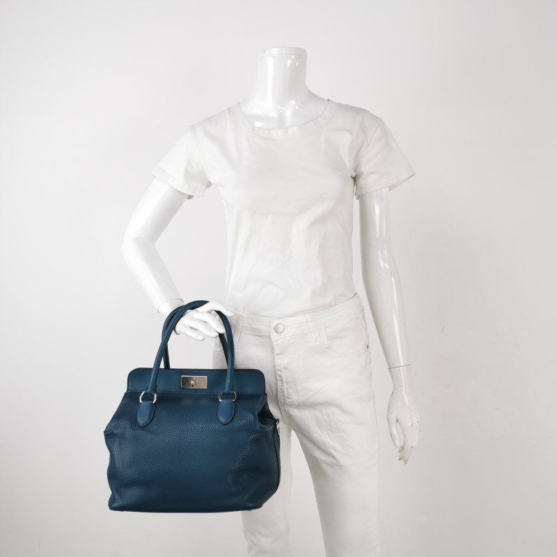 Hermes Toolbox26寬肩帶旋扣牛奶盒單肩包Clemence(TC)牛皮銀扣1P鴨子藍T刻-1