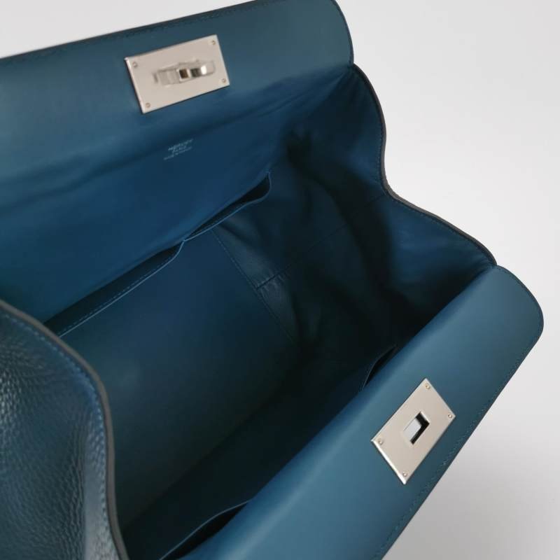 Hermes Toolbox26寬肩帶旋扣牛奶盒單肩包Clemence(TC)牛皮銀扣1P鴨子藍T刻-6