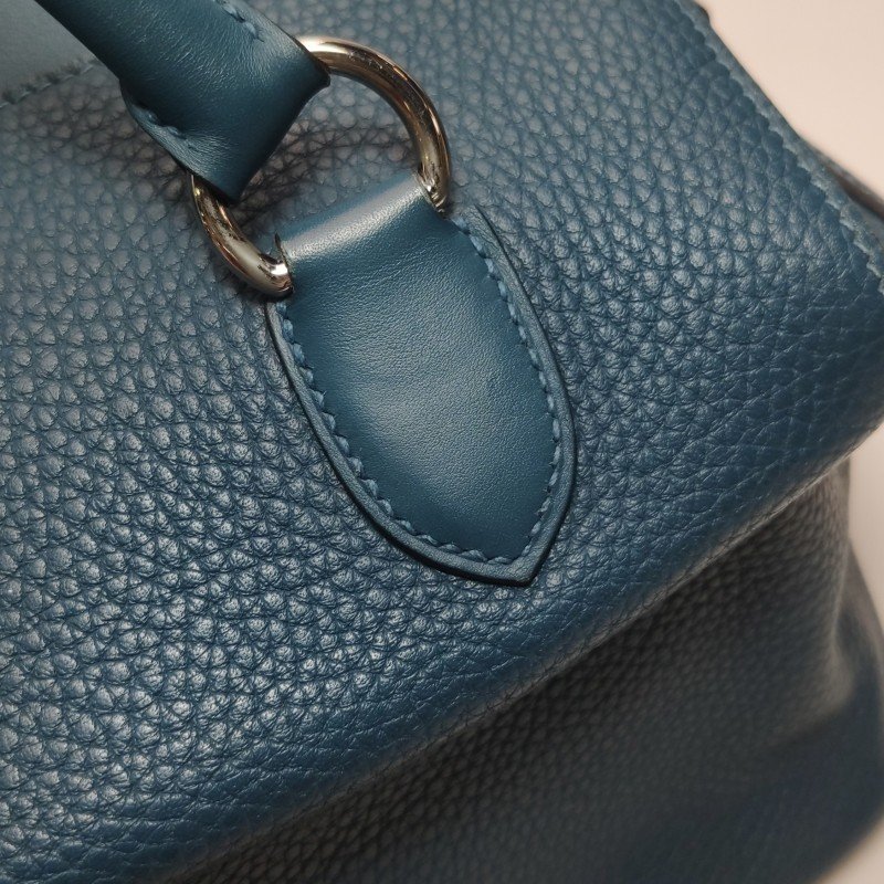 Hermes Toolbox26寬肩帶旋扣牛奶盒單肩包Clemence(TC)牛皮銀扣1P鴨子藍T刻-12