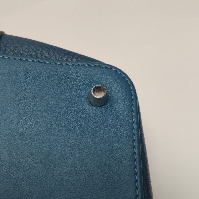 Hermes Toolbox26寬肩帶旋扣牛奶盒單肩包Clemence(TC)牛皮銀扣1P鴨子藍T刻-17