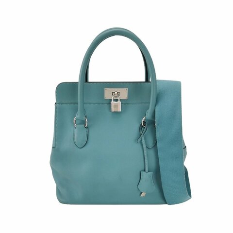 Hermes Toolbox26寬肩帶旋扣牛奶盒單肩包Swift牛皮銀扣75牛仔藍T刻