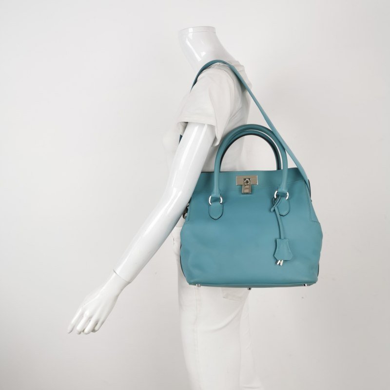 Hermes Toolbox26寬肩帶旋扣牛奶盒單肩包Swift牛皮銀扣75牛仔藍T刻-1