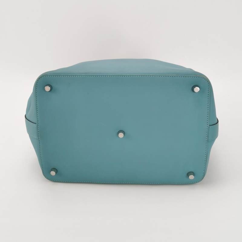 Hermes Toolbox26寬肩帶旋扣牛奶盒單肩包Swift牛皮銀扣75牛仔藍T刻-5