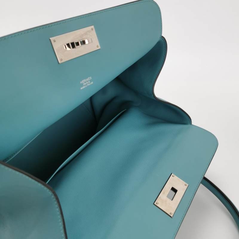 Hermes Toolbox26寬肩帶旋扣牛奶盒單肩包Swift牛皮銀扣75牛仔藍T刻-6