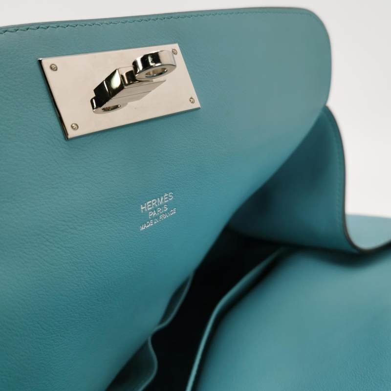 Hermes Toolbox26寬肩帶旋扣牛奶盒單肩包Swift牛皮銀扣75牛仔藍T刻-7