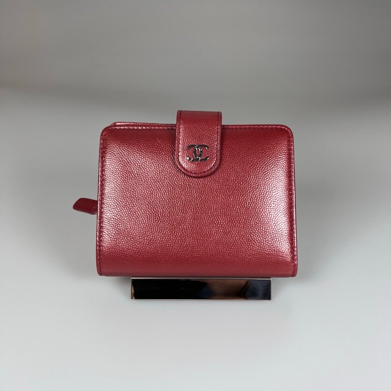 CHANEL 荔枝皮革釦式短夾 紅 16開-1