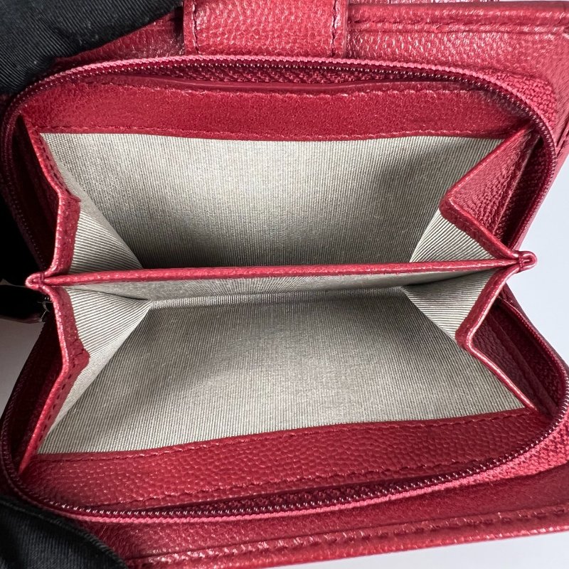 CHANEL 荔枝皮革釦式短夾 紅 16開-8