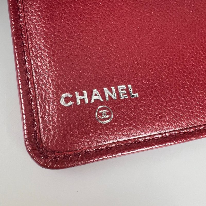 CHANEL 荔枝皮革釦式短夾 紅 16開-11