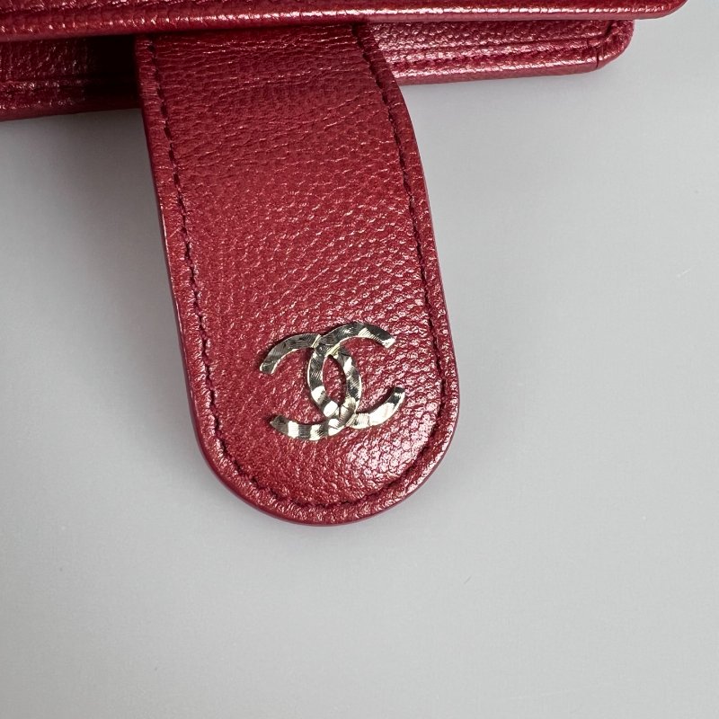 CHANEL 荔枝皮革釦式短夾 紅 16開-12