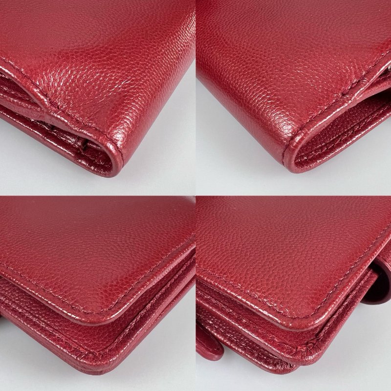 CHANEL 荔枝皮革釦式短夾 紅 16開-14