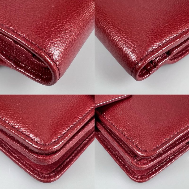 CHANEL 荔枝皮革釦式短夾 紅 16開-15