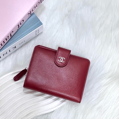 CHANEL 荔枝皮革釦式短夾 紅 16開
